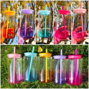Verre en borosilicate transparent coloré effet ombré de 16 oz avec couvercles et pailles en PP colorés pour sublimation vinyle – Entrepôt US - Product Image 4