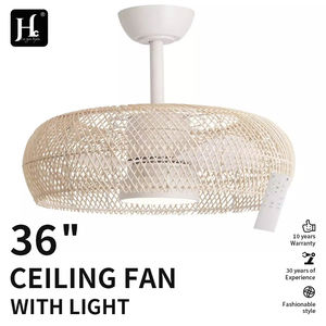 Ventilateur de plafond LED en rotin tressé avec lumière, style vintage, lampe suspendue simple pour la décoration du salon ou du bar - Product Image 2