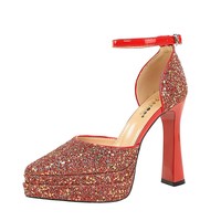 6865 Chaussures de soirée pour femmes à talons ultra-hauts de style européen et américain, plateforme double couche, rehaussantes, à bride cheville et à paillettes
