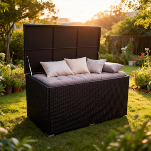 Boîte <span class=keywords><strong>de</strong></span> rangement extérieure en rotin <span class=keywords><strong>tressé</strong></span> résistant aux intempéries, grande capacité, organisateur pour piscine et patio avec doublure, couleurs et styles personnalisés disponibles - Product Image 1