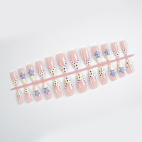 Faux ongles 3D à presser, motif fleur bleue, forme amande moyenne, French manucure nude à pois, avec strass, pour femme, idéal pour l'été
