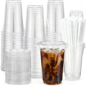 Gobelets en plastique 16oz avec couvercles et pailles, jetables, sans BPA, qualité alimentaire, pour café, à emporter, pour fêtes, lot de 100 - Product Image 1