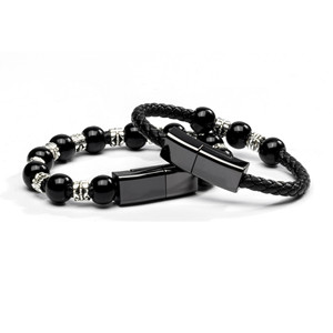 Fashion Couple <b>Beaded</b> <b>Bracelet</b> Black Zinc Alloy USB Charging Cable Unisex Wristband - Product Image 1