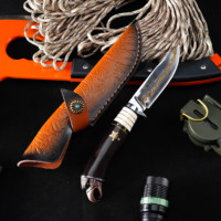 Couteau fixe en acier Damas GT-F0102 avec manche en ébène et décoration tête d'aigle, couteau droit d'extérieur