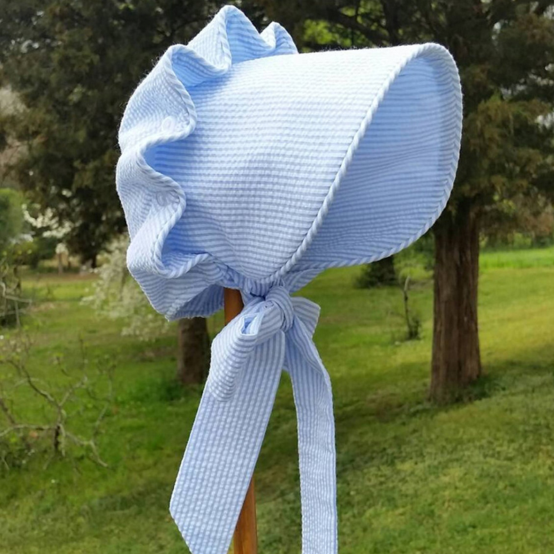 Монограмма Синяя кнопка Seersucker шляпа милая детская шляпа подарок для душа Солнцезащитная шляпа Детская шляпа