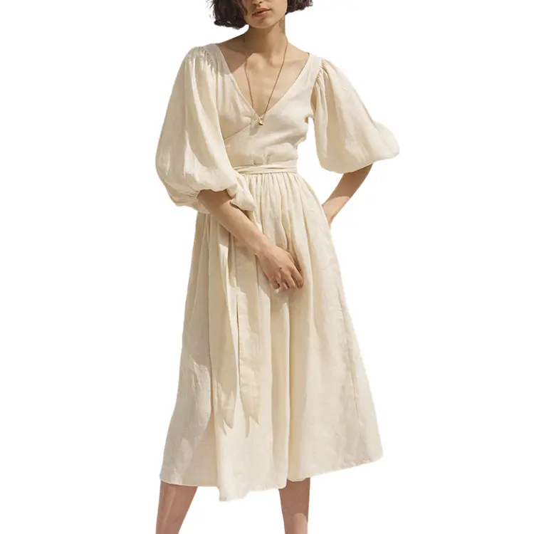 2022 summer custom vestidos casual Elegant Fashion plain High Waist Deep V-Neck Half Sleeve Bandaged Women Long Linen Dress