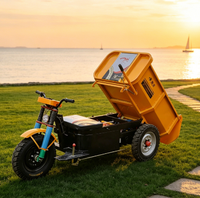 Chariot de transport de marchandises pliable en métal robuste à trois roues électrique pour chantier de construction, avec benne basculante hydraulique et capacité de franchissement de obstacles