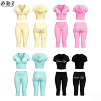Ensemble de survêtement Y2K pour femme avec logo personnalisé en strass, veste à capuche zippée à manches courtes et pantalon capri à revers