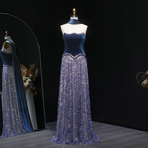 <span class=keywords><strong>Vestido</strong></span> de Noche de <span class=keywords><strong>Dos</strong></span> <span class=keywords><strong>Piezas</strong></span> de Terciopelo Azul con Cuentas de Lujo Sharon Said SS793 con Pañuelo, <span class=keywords><strong>Vestido</strong></span> de Fiesta para Invitadas de Boda Árabe, Sin Stock - Product Image 2