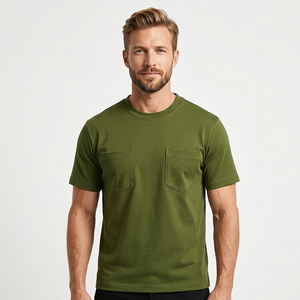 Men <b>Olive</b> <b>Green</b> O Neck Short Sleeve Cotton <b>T</b> <b>Shirt</b> Regular Fit Casual Jersey Knitted Breathable Solid Color Pocket Design - Product Image 1