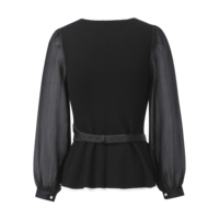 Blusa Elegante de Tweed para Mujer, Tejido de Malla Transparente, Manga Larga Abullonada, Cuello Redondo, Ribete Blanco en Contraste, Botones de Perla, Cintura Ajustada con Cinturón, Estilo Peplum
