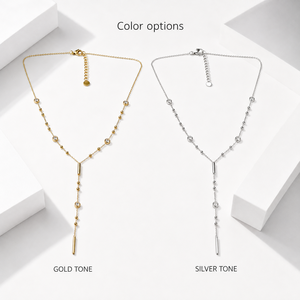 Collar de circonita en forma de Y de acero inoxidable con baño de oro de 14K al vacío, con estaciones de bisel redondo y colgante de barra, cadena ajustable de 46 cm - Product Image 6