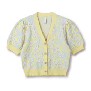 Pull en jacquard floral à manches bouffantes et col en V pour femmes, personnalisé OEM et ODM, doux, printemps-été 2025 - Product Image 2
