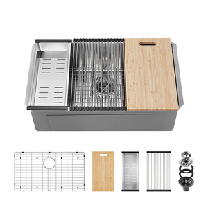 Fregadero de Cocina de Acero Inoxidable con Tabla de Cortar de Bambú y Rejilla, Estación de Trabajo Multifuncional, Lavabo Rectangular de Una Sola Pieza - Product Image 4