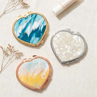Miroir compact en forme de cœur, motif marbré en acétate, double face, cadre métallique, miroir de poche de voyage, 2x plaque acrylique plaquée or, pour femmes