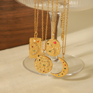 Geometric Sun Moon Stars Pendant Necklace <b>Titanium</b> Steel 18k Gold Plated Bezel Setting Gift Jewelry Fashion Charm - Product Image 1