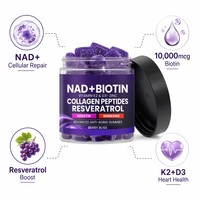 Gummies véganes NAD+ Biotine 10000mcg testées en laboratoire, certifiées GMP, avec Kératine, Collagène, Peptides, Resvératrol, K2, D3, Zinc, Berry Bliss pour la Peau