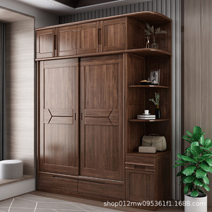 Walnut Solid Wood <b>Wardrobe</b> Sliding Door <b>Large</b> Capacity Bedroom Storage Cabinet Modern Chinese Style - Product Image 2