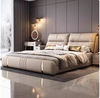 Lit King Size de style italien de luxe, design traditionnel, revêtement en cuir souple, cadre en bois, dossier, ensemble de chambre à coucher