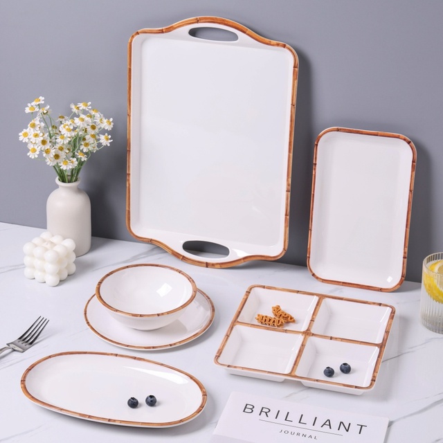 Luxury White Melamine Dinnerware Set with Bamboo Rim Design, Rectangular Serving Tray Divided Plate Bowl Tableware
