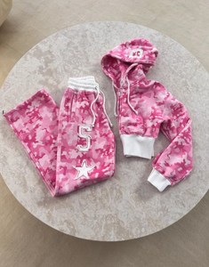 Kadın özel 2-Piece pamuklu kıyafet Zip-Up Hoodie diz üstü Sweatpants kısa Applique üst aplike nakış Patchwork rahat - Product Image 3