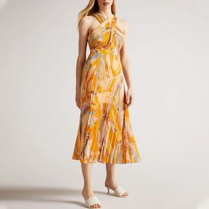 Nouvelle Robe d'été plissée sans manches pour femme, style décontracté, col halter, imprimé floral, élégante, longueur midi, en mousseline de soie - Product Image 1