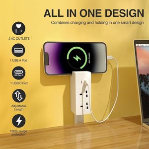 UK Standard Outlet Electrical Outlet Extender Stick USB-A USB-C and 2 AC Outlets Extends 17"-27" Rotates 180° Power <b>Socket</b> - Product Image 3