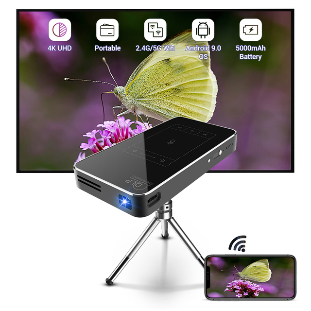 D047 Mini DLP Ultrathin Android 9 System WIFI BT Home Overhead Outdoor Projector 854*480P Beamer With Build in Battery