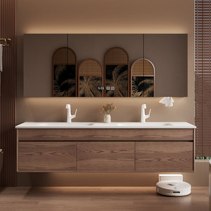 Modern Wood Double <b>Sink</b> Bathroom Vanity Solid Wood Bathroom Cabinet with Smart LED Mirror <b>Storage</b> - Product Image 1