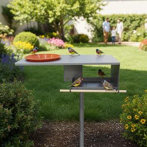 Mangeoire à <span class=keywords><strong>oiseaux</strong></span> moderne robuste JH-Mech avec station d'alimentation en forme de bol, revêtement gris <span class=keywords><strong>sable</strong></span>, en métal, sur poteau - Product Image 1