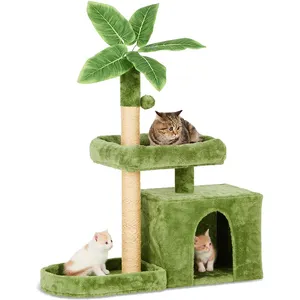 Arbre à chat vert pour chats d'intérieur avec feuilles vertes Maison à chat vert avec boule suspendue et design en forme de feuille