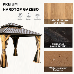 Pavillon extérieur à toit rigide en cèdre massif naturel, gazebo rustique en bois avec rideau de protection en maille - Product Image 4