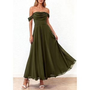 FOXA Robe longue en mousseline de soie pour femme, épaules dénudées, ligne A, élégante, pour cocktail, mariage, invitées - Product Image 5
