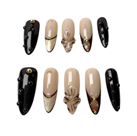 Ongles Press-on Faits Main en PMMA, 10 Pièces, Personnalisables, Stiletto Moyen, Marron Ambré, Fleur 3D, Goutte de Rosée Dorée, Ongles de Luxe à Coller avec Colle