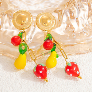 Boucles d'oreilles pendantes en acier inoxydable plaqué or 18 carats, motifs fruits (fraise, cerise, citron), pour usage quotidien EH11660 - Product Image 2