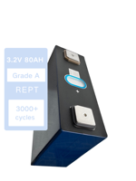 Cellule de batterie rechargeable prismatique LiFePO4 de qualité 3.2V 80Ah pour système de stockage d'énergie solaire, 4000 cycles, fonctionnement à -30~55°C