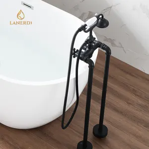 Telephone Zinc Alloy Matte Black Floor Standing Freestanding Bathtub Bath Tub Faucet Antique Brass Shower Set With Cross