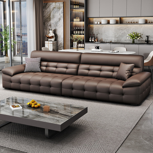 New High Back Genuine Leather <b>Sofa</b> Modern Minimalist Design Straight Three Seater Living Room Set - Product Image 1