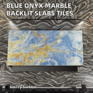 Moderne ed Eleganti Lastre di <span class=keywords><strong>Marmo</strong></span> Onice <span class=keywords><strong>Blu</strong></span> Retroilluminate, Piastrelle Lucidate Traslucide Naturali con Effetto Book Match per Pareti Retroilluminate - Product Image 2