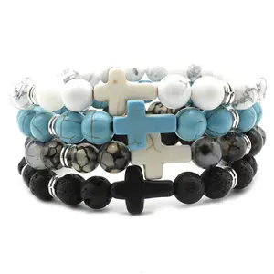 Custom Multi Gekleurde Christian Cross Turquoise Lava Kraal Natuursteen Armband Kralen Armbanden Voor Mannen Vrouwen