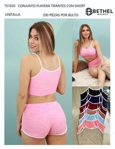 Conjunto de dos piezas rosa para mujer, top corto sin mangas y pantalones cortos por encima de la rodilla, informal, para primavera y verano, de punto de algodón y spandex. - Product Image 3