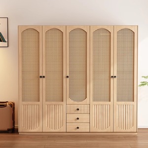 Armario de Madera Maciza Estilo Japonés con Ratán, Color Madera de Cerezo, Estilo Nórdico Retro, Puerta con Bisagras, Gran Capacidad, Almacenamiento para Dormitorio - Product Image 2