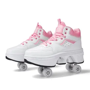 Deformation Walking Roller Shoes Outdoor Sports Kick Out Top Roller Skates Shoes With Retractable 4 Wheels