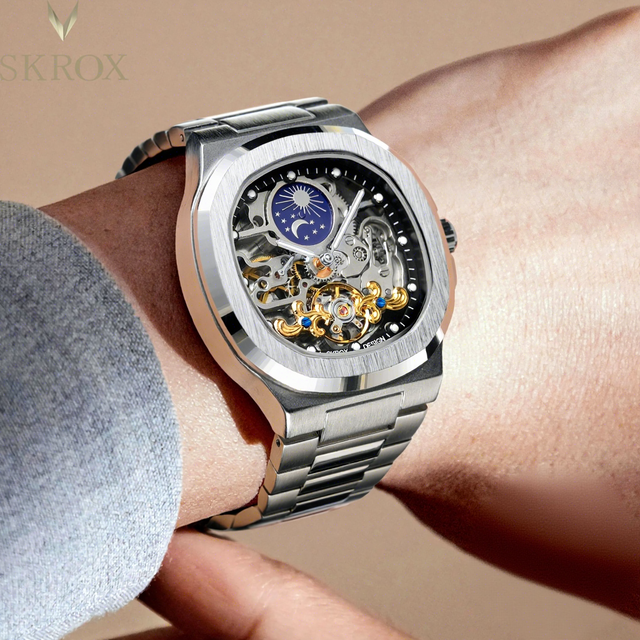 High-end SKROX SKX7059 Square Man Watch Sapphire Stainless Steel Skeleton Moon Phase Classic Automatic Movement Male Watches
