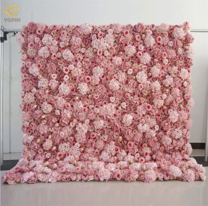YOPIN-101 3D कपड़ा वापस कृत्रिम रेशम रोल अप फूल दीवार गुलाब शादी पृष्ठभूमि