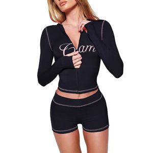 Estivo donna leopardata Set 2 pezzi <span class=keywords><strong>tuta</strong></span> primavera da donna Athleisure Top corto con cappuccio + <span class=keywords><strong>pantaloni</strong></span> corti elasticizzati abbinati - Product Image 6