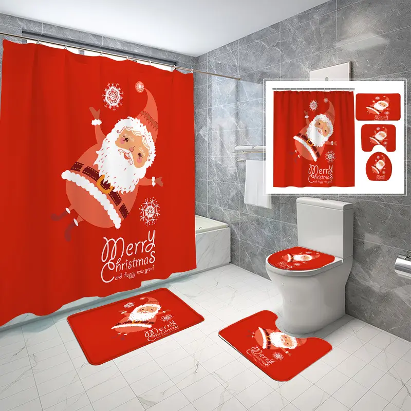 Custom Print Design Bathroom Washroom Shower Curtains Animals Christmas Waterproof Toilet Lid Cover Anti-Slip Rug Mat Set 4