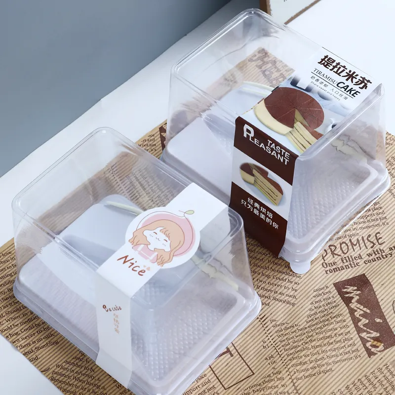China Hersteller quadratische Plastikbox Verpackungsbehälter kleine Kuchenbox mit durchsichtigen Deckeln