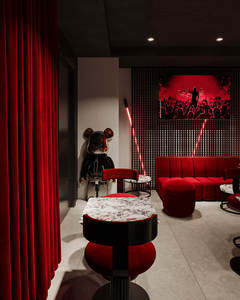 Conception personnalisée d'intérieur de boîte de nuit au design moderne et contrasté rouge-noir, avec sélection de matériaux et conception 3D - Product Image 3