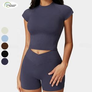 Women's Solid 2-Piece <b>Yoga</b> Set Elastic Waist Quick Dry Breathable Four-Way Stretch <b>T</b>-<b>Shirt</b> & Biker Shorts Short Sleeves for Gym - Product Image 1